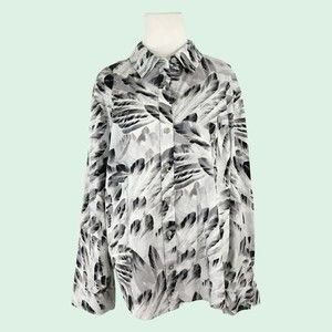 Chico's shirt 3 Black‎ & White Feather Print Long Sleeve Collared Blouse